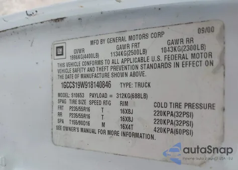 2001 Chevrolet S-10 Ls from USA, damaged, VIN 1GCCS19W918140846